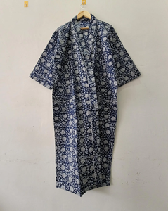 ชุดกิโมโนผ้าฝ้ายพิมพ์ลายฟล็อกสีน้ำเงินอินดิโกพรีเมียม แขนยาว สำหรับผู้หญิง ใส่สบายในฤดูร้อน เป็นมิตรกับสิ่งแวดล้อม ความยาวเต็มตัว - Product Image 2