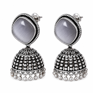 Latest Design White Stone <b>Oxidized</b> Silver Jhumka Earrings for Women Wholesale Supplier - Product Image 4