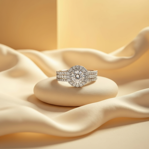 Bague de fiançailles en diamant véritable de 1,20 ct avec accents décoratifs |   Bague de mariage en or blanc 14 carats avec halo et double sangle sertie de griffes, bijoux fins - Product Image 4