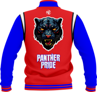 Jaket Varsity Panther Pride Musim Dingin Biru Merah Lengan Panjang Kancing Depan Bordir Pola Solid Unisex Dewasa Regular Fit