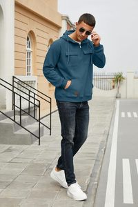 Sweat à capuche tendance pour homme, demi-zip, avec poche avant, en mélange de coton, doublure polaire, décontracté, hiver, cordon de serrage réglable, écologique, ODM - Product Image 5