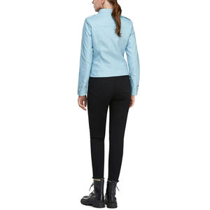 <b>Light</b> Blue PU Leather Moto <b>Jacket</b> Women Stand Collar Full Sleeve Zipper Closure Solid Color Autumn Style - Product Image 4