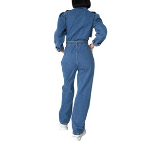 Casual cinturón cintura señoras Jeans pantalones manga larga mameluco solapa pecho botón bolsillo acampanado azul oscuro Denim overoles mujeres monos - Product Image 4