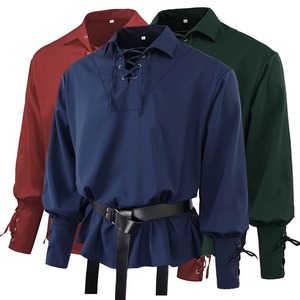 (With Belt Included) <b>Men</b> Vintage Medieval Pirate Costume Style Loose Fitting Polo <b>Shirt</b> for Performances costume style <b>shirt</b> - Product Image 1