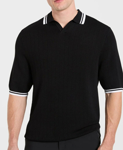 Chemise Homme Noire Tricotée 100% Coton de Haute Qualité à Manches Courtes Couleur Unie Respirante Anti-Plis Décontractée avec Bordure Blanche - Product Image 2