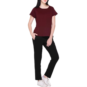Women's Maroon Short Sleeve Crew Neck T-Shirt With Black Full Length <b>Pants</b> Side Pockets Elastic Waist Casual Wear - Product Image 6