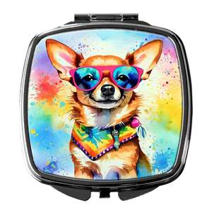 Espejo de maquillaje de viaje compacto para mujeres y niñas Chihuahua Hippie Dawg decorativo plegable de mano regalo de bolsillo - Product Image 1