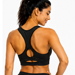 OEM Women Seamless Sports Bra Scoop Neck Racerback Zipper Front Medium Support Breathable Fitness Workout Wear Solid Black - Product Image 6