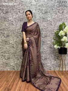 Beautiful Modern Design Georgette <b>Satin</b> with Floral Digital Print-Sequence Border Saree-<b>Blouse</b> Set Supplier from India - Product Image 2