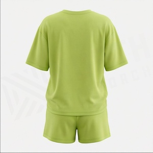 Conjunto de 2 Piezas para Mujer, Camiseta de Manga Corta Verde Sólida Tejida y Pantalones Cortos por Encima de la Rodilla, Estilo Casual Holgado para Primavera/Verano - Product Image 6