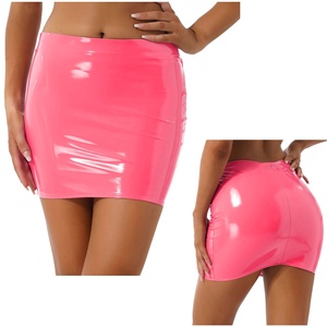Womens Glossy Elastic Waistband <strong>Pink</strong> Faux <strong>Leather</strong> Mini <strong>Skirt</strong> for Club Music Festival - Product Image 1