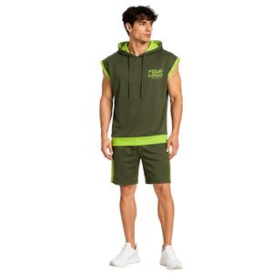 Mens Olive <b>Green</b> Lime <b>Green</b> Sleeveless Hooded Tracksuit <b>Set</b> Custom Logo <b>Gym</b> Fitness Training Sports Hoodie And Shorts Activewear - Product Image 1