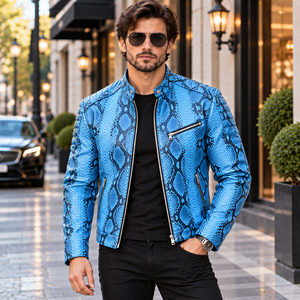 <b>Mens</b> <b>Blue</b> Embossed Leather Biker Jacket Slim Fit Breathable Zip-Up Motorcycle Jacket Winter Streetwear Custom Leather Outwear - Product Image 1