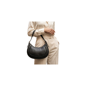 Sac à bandoulière demi-lune en cuir véritable avec fermeture à rabat avec logo, classique pour femme, usage quotidien, noir - Product Image 5