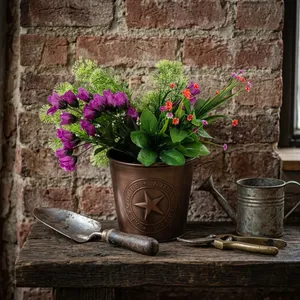 Pot de fleurs rond en métal rétro de conception artisanale, petit, fait à la main, décoratif, avec un motif étoile, pour une utilisation en intérieur et en extérieur - Product Image 3