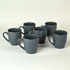 Set of 6 Smoky <b>Slate</b> Blue Ceramic Coffee Mugs Microwave Safe Pottery Flower Patterned Cup for Hiking Custom Designed Cute Style - Product Image 3