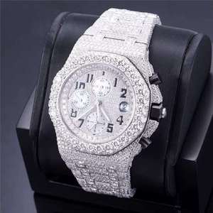 Montre chronographe à mouvement quartz, cristal saphir, cadran 43 mm, boîtier en alliage, résistance à l'eau 10 bars, diamant cultivé en laboratoire VVS1, blanc glacé - Product Image 3