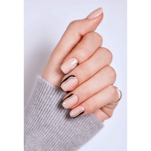Uñas de almendra con diseño de onda abstracta, minimalistas, color nude, pre-prensadas, ABS, doradas, longitud media, forma de línea, estampado, personalizadas, de fábrica, OEM, ODM, material. - Product Image 1