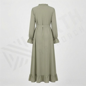 Vestido Abaya Islámico Moderno con Volantes, Manga Larga, Diseño Actual, Cinturón en la Cintura, Botones, Ropa Modesta para Mujer - Product Image 2