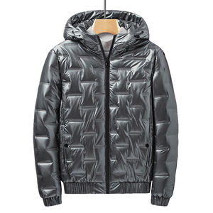 Blouson matelassé brillant personnalisé pour homme, gris et noir, à capuche, zippé, chaud pour l'hiver, rembourré, coupe-vent, pour l'extérieur, commande en gros - Product Image 2