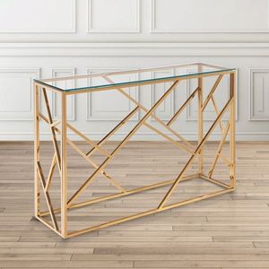 Vintage Style Metal Console <b>Desk</b> With <b>Glass</b> Top Decorative Accent Furniture For Entryway And Hall Areas - Product Image 3