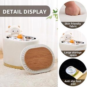 Pouf Contenitore Rotondo con Coperchio a Ribalta, Tavolino Laterale Multifunzionale con Base in Metallo, Sgabello Imbottito da Toeletta con Poggiapiedi - Product Image 5