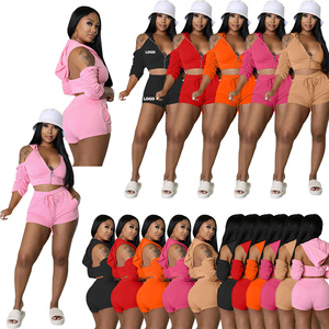 ชุดเสื้อผ้าผู้หญิง เสื้อครอปแขนจีบเปิดหลังผ่าข้าง มีเชือกผูก ซิป ฮู้ดดี้ ชุดเซ็ตฤดูร้อนสำหรับผู้หญิง เสื้อครอปท็อป ชุดเซ็ต 2 ชิ้น กางเกงขาสั้น - Product Image 1