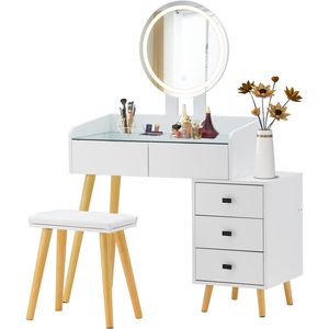 LED Lights Glass Top Dressing <b>Table</b> with Extendable <b>Side</b> <b>Table</b> and 5 Drawers Makeup Vanities with <b>Mirror</b> Storage - Product Image 4