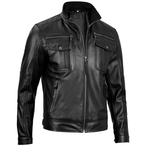 Men's Black Genuine Leather Moto Jacket Stand Collar Zipper Closure Regular Fit Autumn Wear - Product Image 6