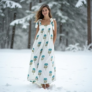 Blue <b>Green</b> <b>Floral</b> Print Cotton Sleeveless Maxi Dress Lightweight <b>Tie</b>-up Shoulder Straps Square Neckline Loose Fit Casual Dress - Product Image 1