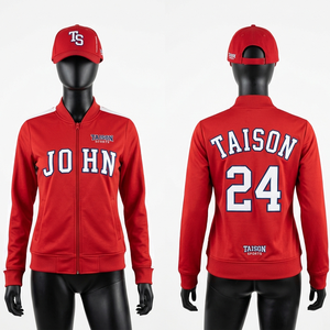 Veste d'entraînement de baseball pour femmes, 280 GSM, en polycoton interlock, bleu ciel, blanc, bordeaux, avec empiècements côtelés, broderie et logo par sublimation - Product Image 5