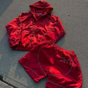 Custom Reflective Piping Windbreaker Jacket and Shorts Set Lightweight Nylon Hooded Two <b>Piece</b> Streetwear Sports <b>Outfit</b> - Product Image 2