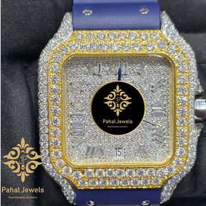 Montre à cadran carré en diamant, montre-bracelet mécanique dorée, bracelet bleu, cadran en strass, style bijou - Product Image 1