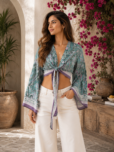 Wholesale <b>Silk</b> Handmade <b>Crop</b> <b>Top</b> Summer Designer Kimono Style Sleeve Tie Blouse Loose Fit - Product Image 1