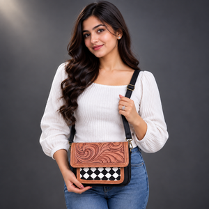 Sac bandoulière en cuir sculpté à la main, petit format, motif à carreaux, sac à main pour femme, usage quotidien, bandoulière. - Product Image 3