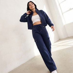 OEM <b>Women's</b> Full Zip Crop Size <b>Jacket</b> With Matching Trousers Multiple Pocket Casual Street Sport Inspired Crop Tracksuit Set - Product Image 4