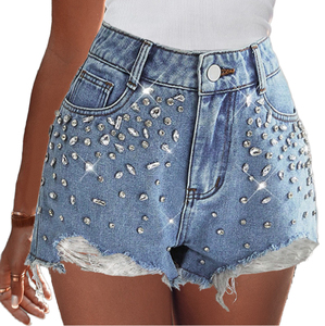 Shorts en jean déchirés taille haute pour femme, bleu été avec strass, style décontracté respirant, vente en gros de vêtements - Product Image 5
