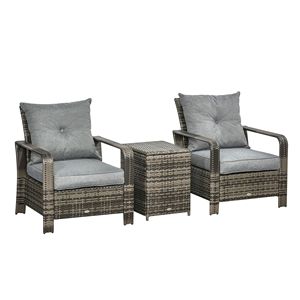 Set di mobili da giardino a 3 pezzi con sedie in vimini grigio, sedili imbottiti e tavolino portaoggetti - Product Image 1