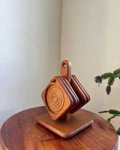 Handcrafted Brown Vintage Teak Wood Coaster <b>Set</b> with Stand — 6 Pieces| Quiet Luxury Sculptural <b>Desk</b> Decor | Japandi Functional - Product Image 1