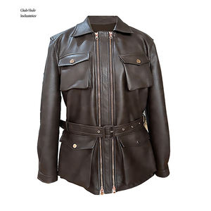 Veste en cuir à col montant avec double fermeture éclair, style quotidien, pour homme, en cuir épais, coupe décontractée, construction tissée, cuir teint - Product Image 1