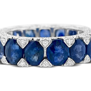 Anillo de eternidad de oro macizo de 18 quilates para mujer con zafiro ovalado y diamante de corte triangular, joyería fina clásica - Product Image 2