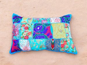 Saree <b>Patchwork</b> Cushion Cover 24×16 – Colorful Boho <b>Throw</b> Pillow Cover Handmade in India - Product Image 1