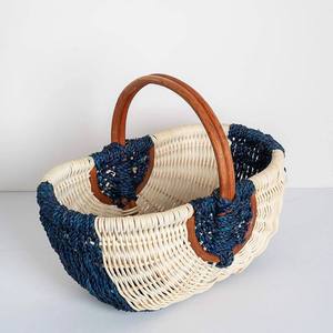 Color Block Rattan <b>Picnic</b> Basket Oval Handwoven Wicker Storage <b>Hamper</b> Navy Blue Brown Striped Open Top Garden Flower Shopping Bo - Product Image 2