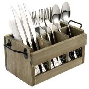 Rustic Grey Wood Cutlery Caddy with Chicken <b>Wire</b> Mesh Sides 4 Slot Tableware Organizer and Napkin Holder for Farmhouse Kitchen - Product Image 4