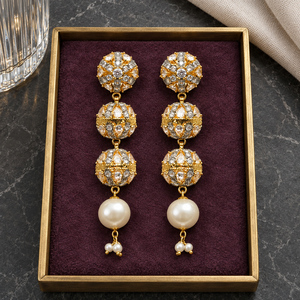 Pendientes Largos de Perlas con Globo Terráqueo de Circonita Cúbica de Calidad Premium, Suministro al por Mayor - Product Image 1