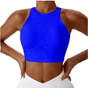 Soutien-gorge de sport côtelé respirant pour femme, col ras du cou, dos nageur, maintien élevé, pour yoga et fitness, blanc uni avec logo frontal - Product Image 2