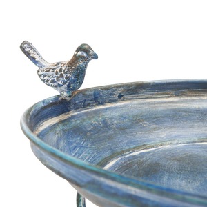Bain d'oiseaux vintage en métal bleu sur piédestal avec base décorative à motifs, mangeoire décorative pour oiseaux d'extérieur pour patio, jardin et terrasse - Product Image 3