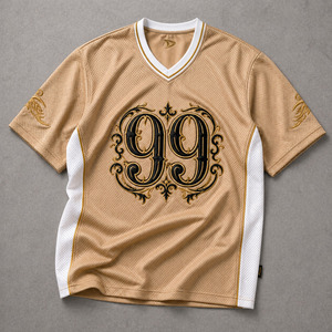 เสื้อเจอร์ซีย์ตาข่ายสไตล์บาสเก็ตบอลผู้ชายขนาดใหญ่พิเศษแบบ OEM สีแชมเปญโกลด์ รุ่น Retro 99 ปักลายสตรีทแวร์ - Product Image 1