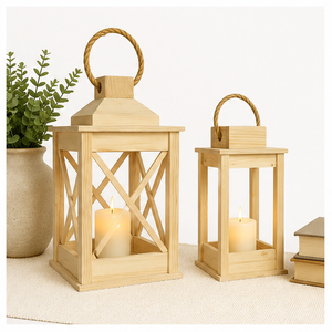 <b>Set</b> of 2 Rustic Farmhouse Wooden <b>Lanterns</b> with Natural Jute Rope Handle Vintage Decorative Candle Holders for Home Garden Use - Product Image 5