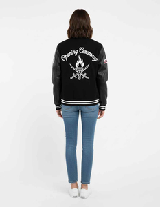 SHY SPORTS Custom OEM Asymmetric Varsity <b>Jacket</b> Black Grey Wool Split Color Leather Sleeve OC Patchwork <b>Bomber</b> Letterman <b>Jacket</b> - Product Image 4